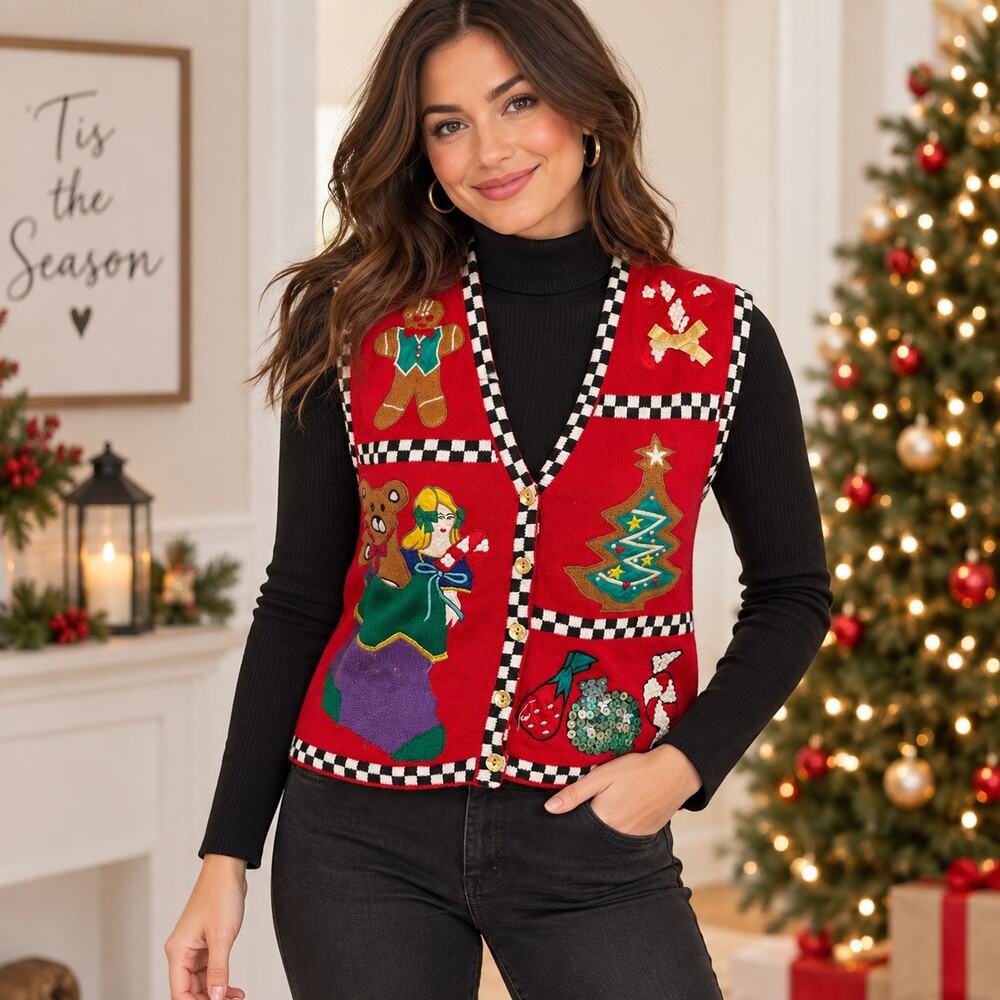 P’Galli Designs Christmas Sweater Vest Women Medium Red Novelty Ramie Cotton Vtg